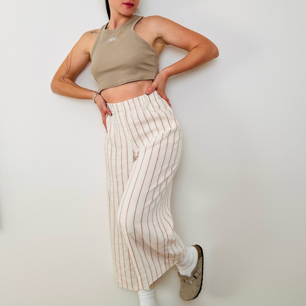 J.Jill Linen Stretch Cropped Ankle Pants Beige Pink Striped Wide Leg